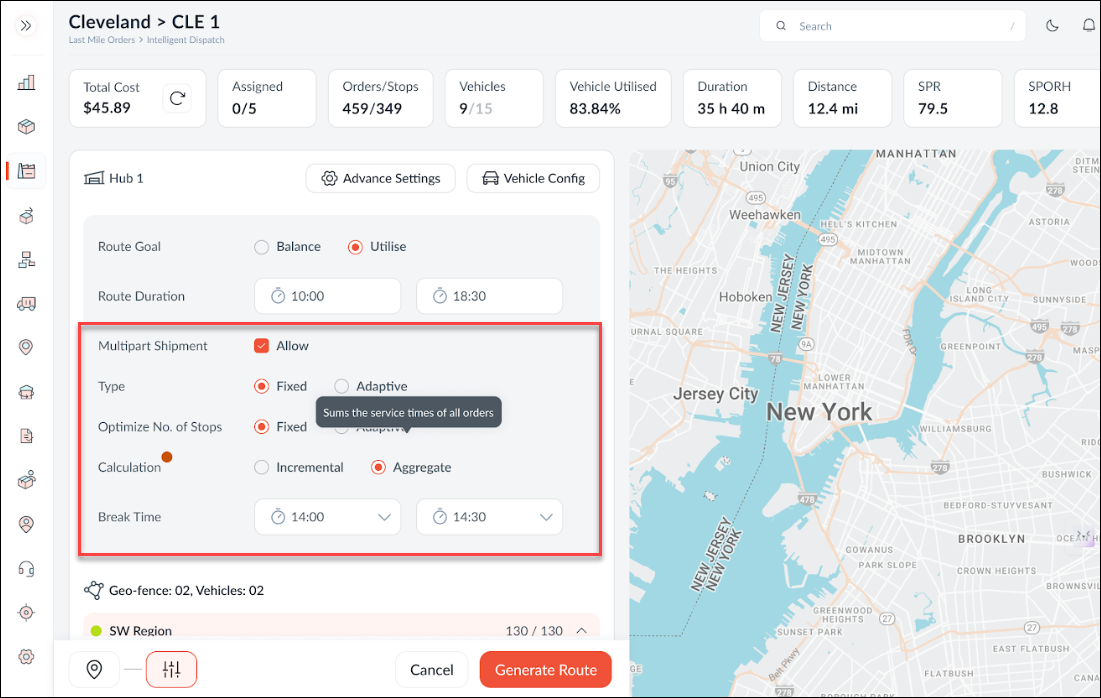 Flexible Service Time Calculation for Multi-Order Stops