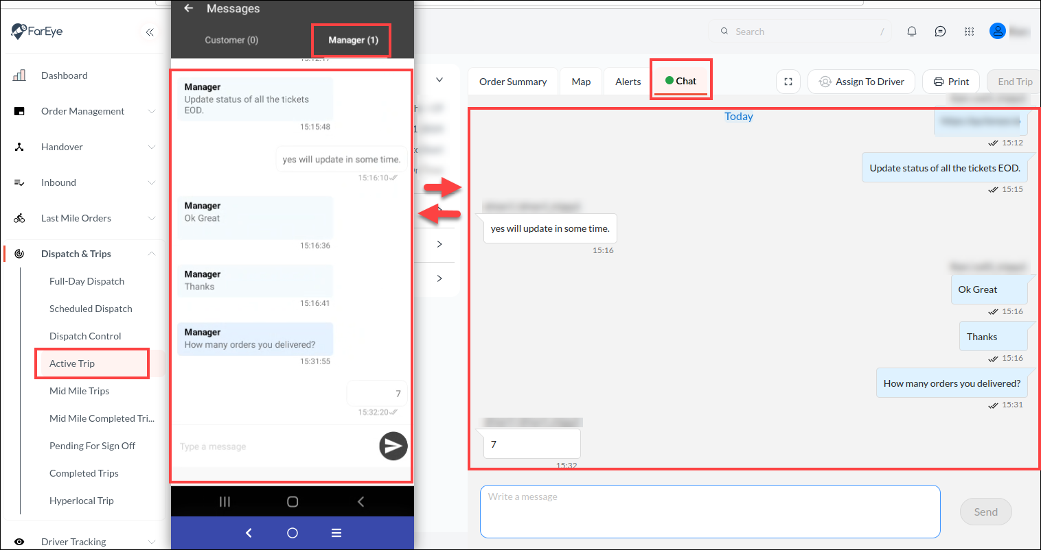 Chat functionality for Managers & Drivers