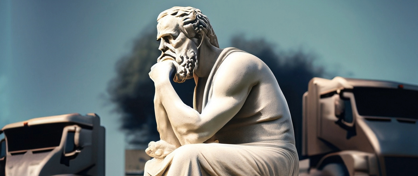 Firefly Socrates thinking statue with trucks in the background realistic photo 34979 1