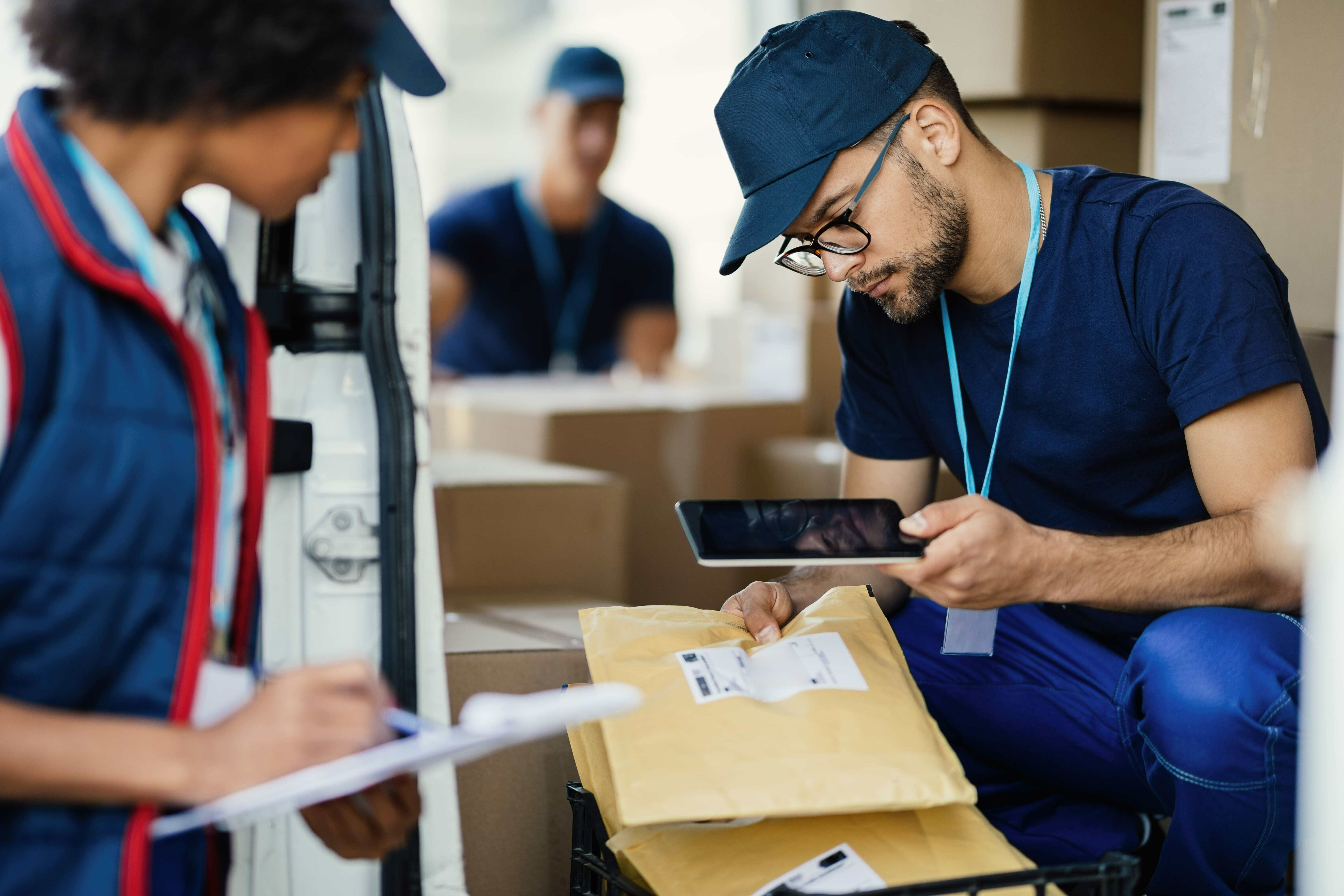 Young delivery man using digital tablet scanning bar code package label while preparing shipment with his coworker min